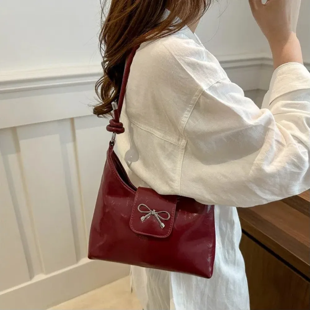 Sweet Handbag Underarm Bag Solid Color PU Leather Shoulder Bag Bow Design Y2K Bow Armpit Ladies