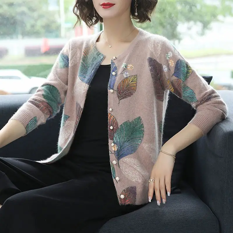 Fashion Knitting Ladies Printing Tops Casual Buttons Autumn Winter Thin Elegant Cardigan Women\'s Clothing Long Sleeve Sweaters