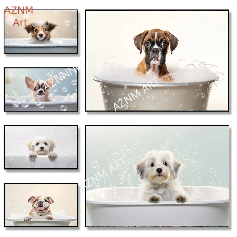 Cartoon Abstract Beautiful Cute Animals Hajimi Dog Bubble Bathtub bath Posters Canvas Prints Art Home Room Bathroom Wall Decor