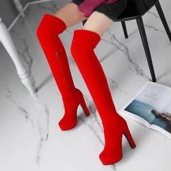 Waterproof Platform Ultra High Fretwork Heels Long Socks Boots Plush Inner Side Zipper Women's Over The Knee Boots 2024 New