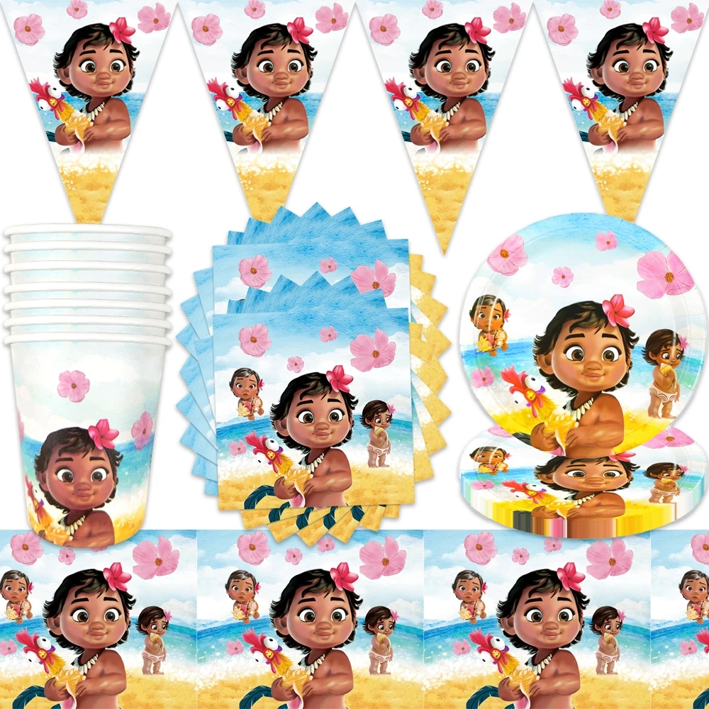 Mantel con temática de Moana para bebé, platos de bolsa, globos para cupcakes, servilletas de fiesta de feliz cumpleaños, decoración, pancarta