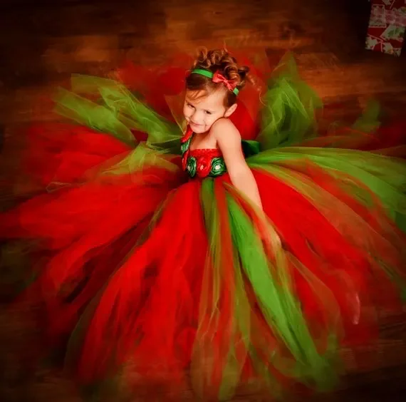 POSH DREAM Flower Red and Green Christmas Children Tutu Dress for Evening Party Flower Rhinestone Couture Kids Girls Tutu Dress