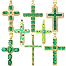 Juya 18K Real Gold Plated Green Cubic Zirconia Christian Cross Charms For DIY Religious Talisman Evil Eye Pendant Jewelry Making