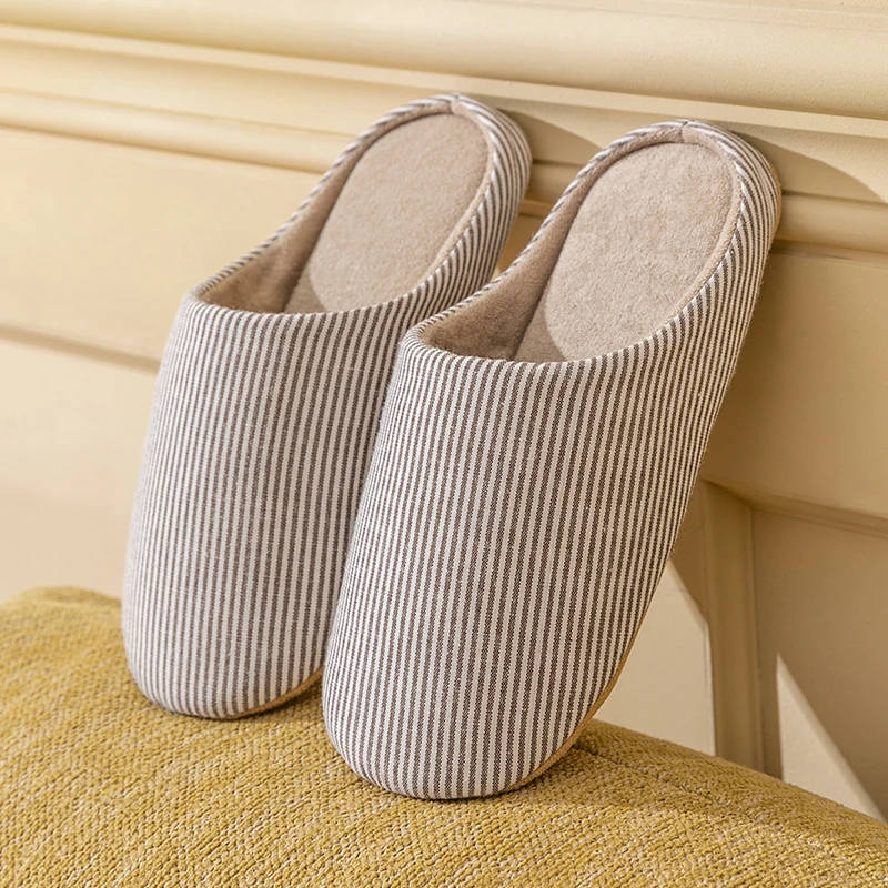 Simple Striped Home Slippers Men's Spring and Autumn Indoor Wooden Floor Bedroom Silent Comfortable Japanese Style Home Shoes
