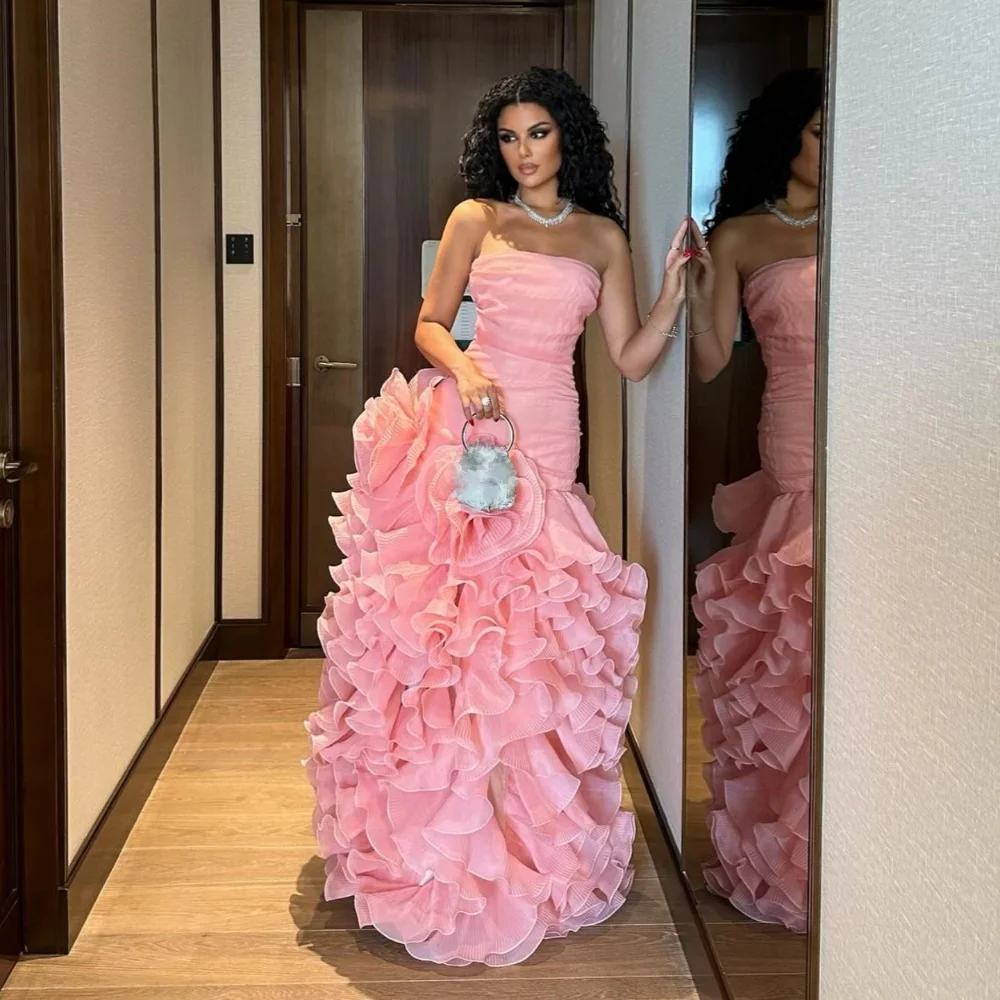 

Customized Unisex Organza Pleat Ruched A-line Strapless Long Dresses Bespoke Occasion Modern Style Formal