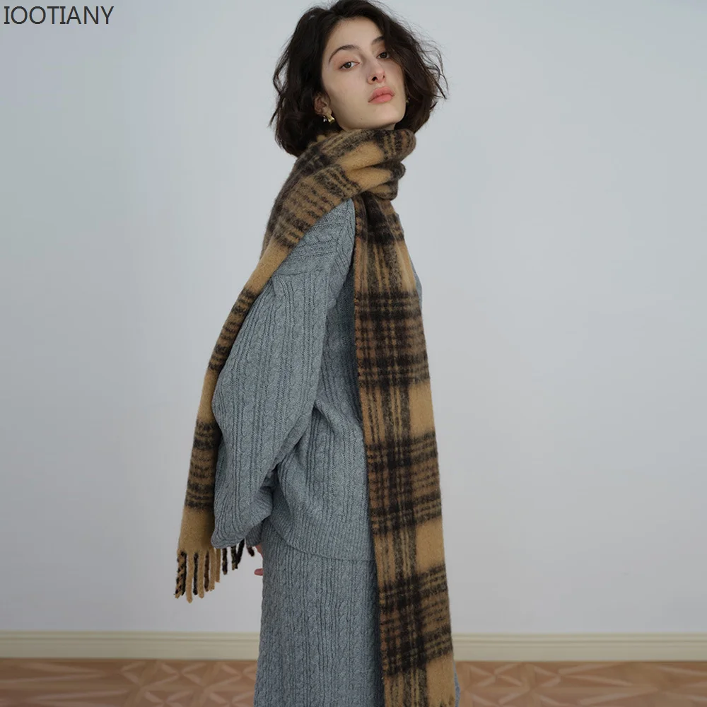 IOOTIANY New Women\'s Winter Woven Warm Scarf Casual Extra Long Wool Scarve Narrow Version Maillard Plaid Tassel Shawl