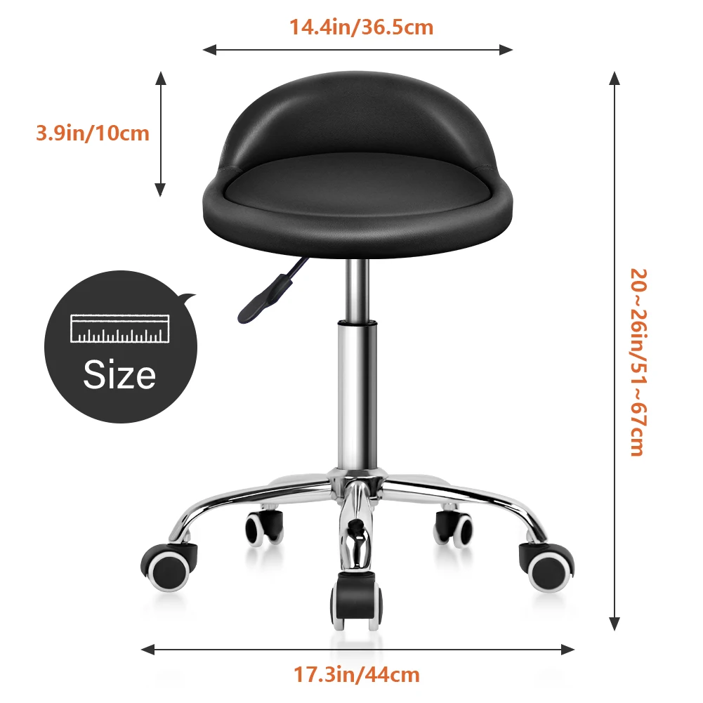 KKTONER PU Leather Round Rolling Stool with Back Rest Height Adjustable Swivel Drafting Work SPA Task Chair with Wheels Black