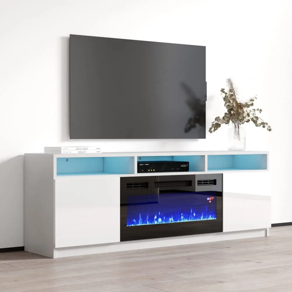 Modern Electric Fireplace TV Stand 63 Inch High Gloss Matte Finish 16-Color LED Lighting White, Customized
