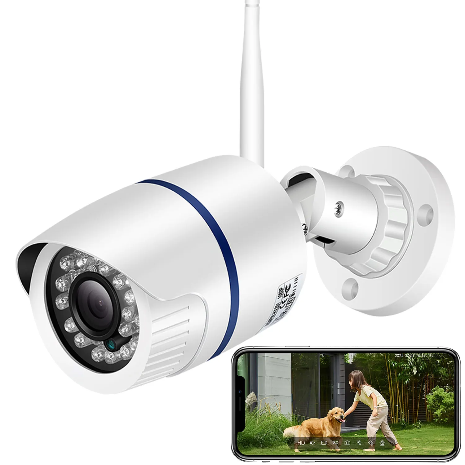 كاميرا أمان خارجية تعمل بالواي فاي بدقة 5 ميجابكسل مع كشف الحركة وكاميرا IP للرؤية الليلية المقاومة للماء مع فتحة بطاقة SD تصل إلى 64 جيجابايت