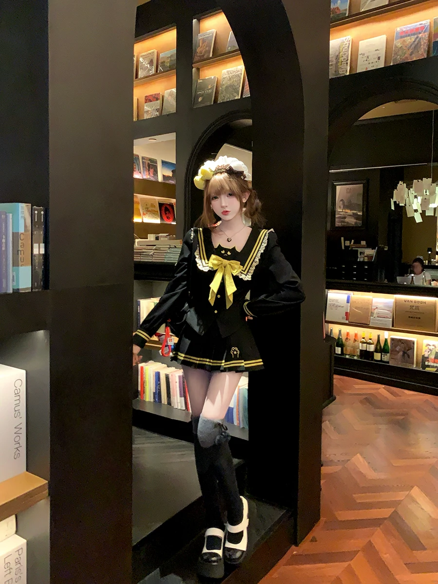 Autumn College Style Navy Collar Long Sleeve Top Cute Bow Short Black Top Coat Autumn New Black Short Skirt