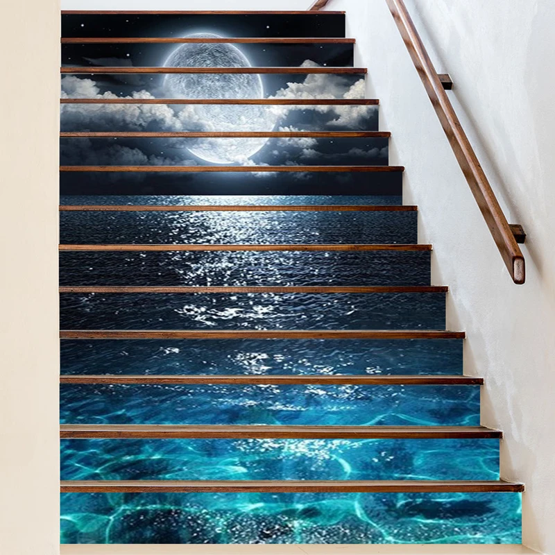 

Creative Sea View Stair Stickers Bright Moon Stars Blue Water Scenery Mural Removable for Home Decoration Aesthetic Room Steps