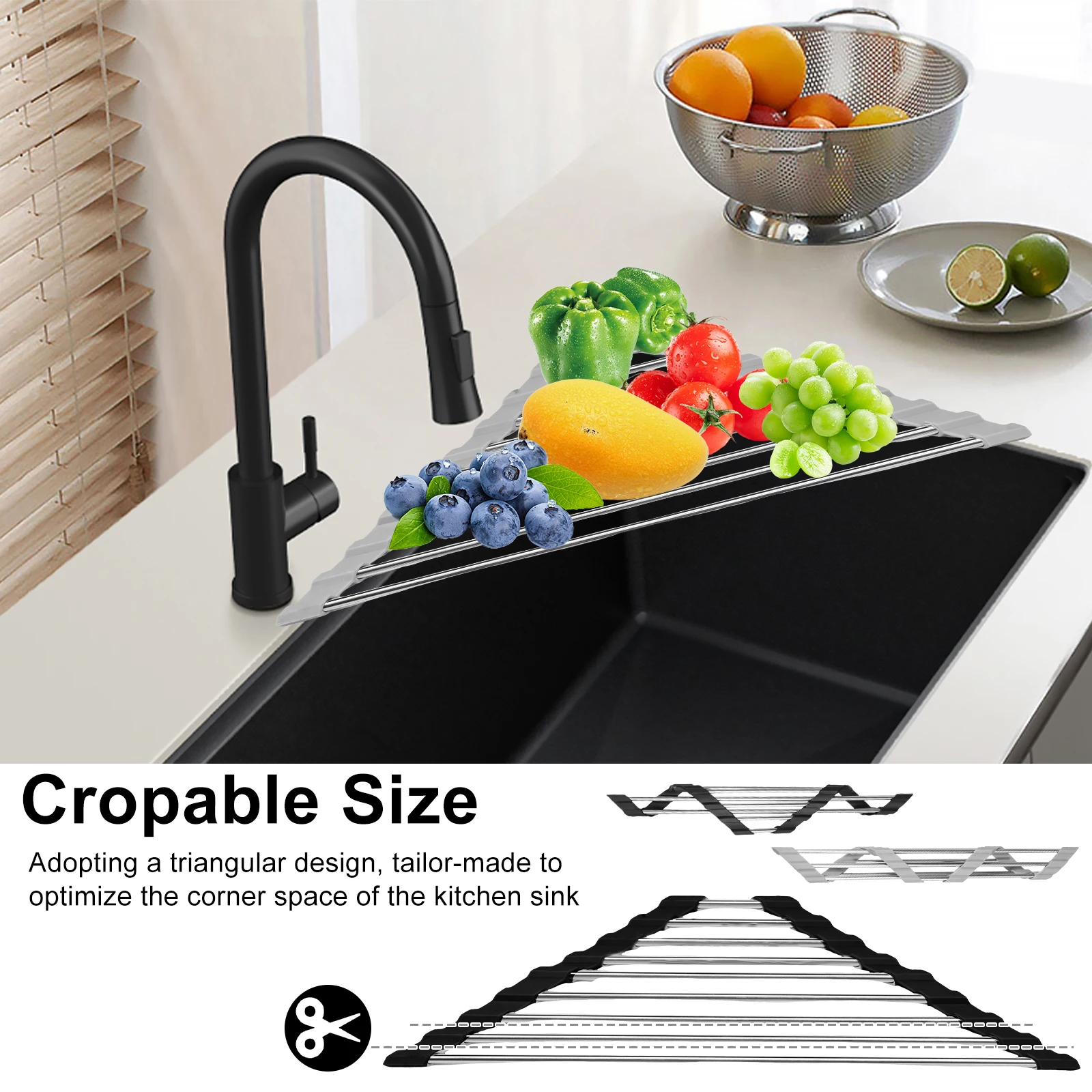 4Pcs Triangle Dish Drying Rack for Sink Corner Stainless Steel Roll-Up Dish Drying Holder Foldable Over The Sink Corner Dish