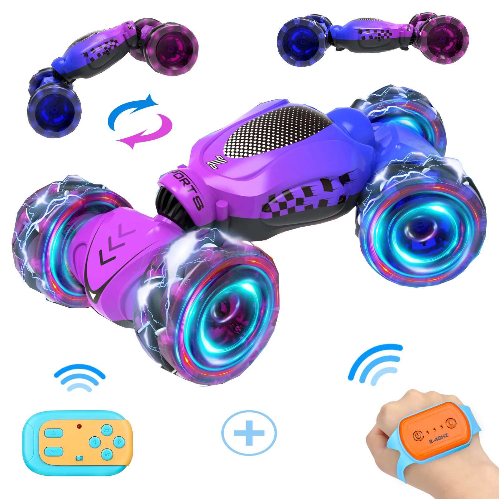 جهاز التحكم عن بعد بمستشعر الإيماءات للسيارة RC Stunt Car 2.4 جيجا هرتز 4WD 360 °   ألعاب دوارة للطرق الوعرة لهدايا الأطفال من 6 إلى 12 عامًا