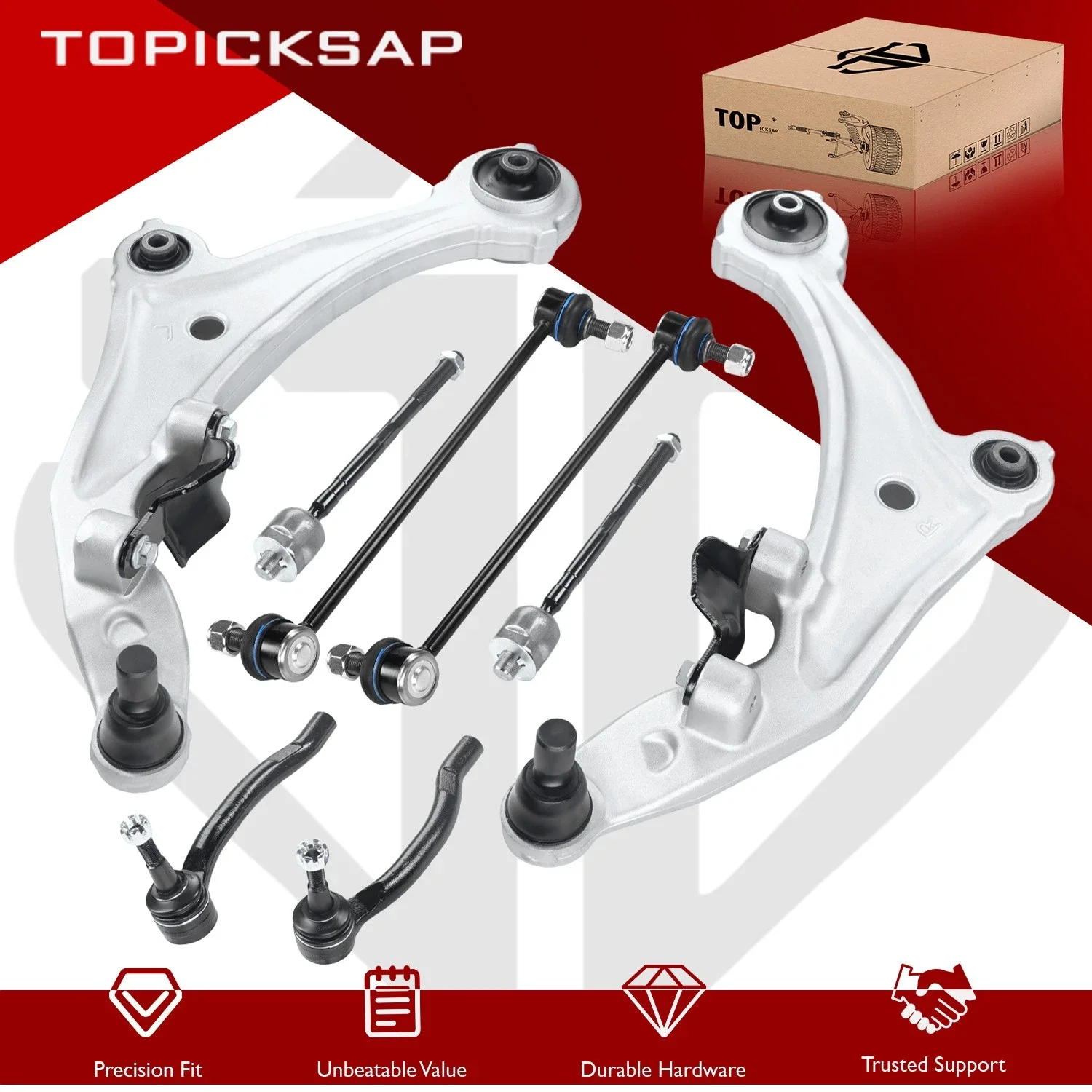 TOPICKSAP 8Pcs Front Lower Control Arm w/Ball Joint Tie Rod & Sway Bar Link Kit for Nissan Murano 2009-2014 545001AT0A