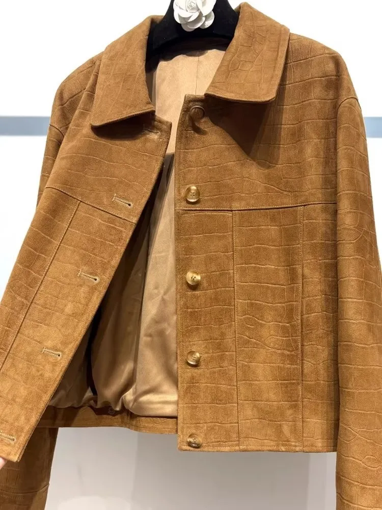 최고급 악어 무늬 디자인 진짜 양가죽 스웨이드 여성 재킷 가을 천연 가죽 코트 시크한 턴다운 칼라 아우터웨어