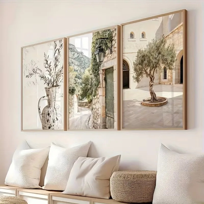 3pcs frameless Canvas Painting 3pcs Olive Branch Vases Stone-built Village Street Country-style Posters Beige Bohemian-style Can