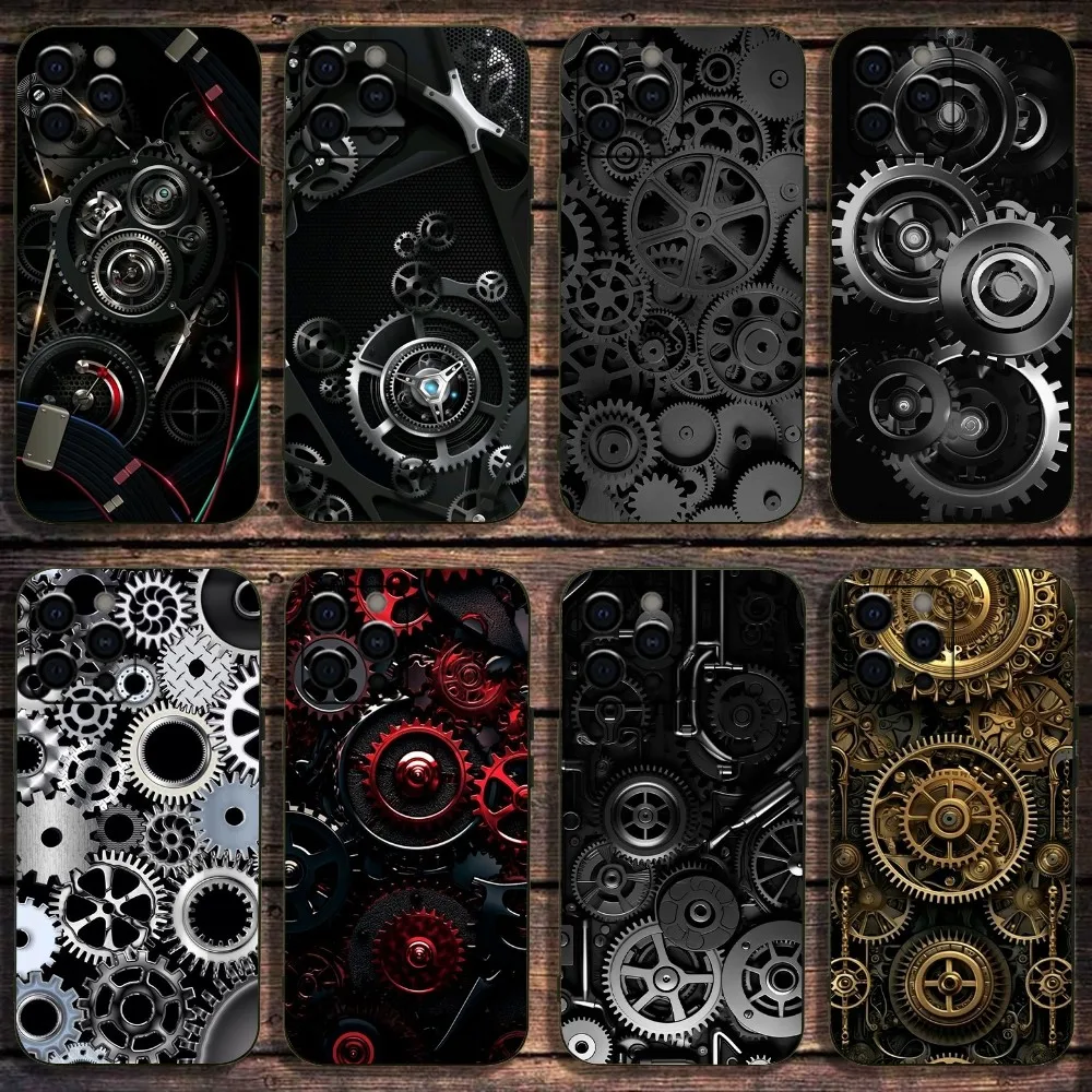 Mechanical Gear Phone Case For Apple iPhone 15,14,13,12,11,Pro,X,XS,Max,XR,Plus,Mini Soft Black Cover