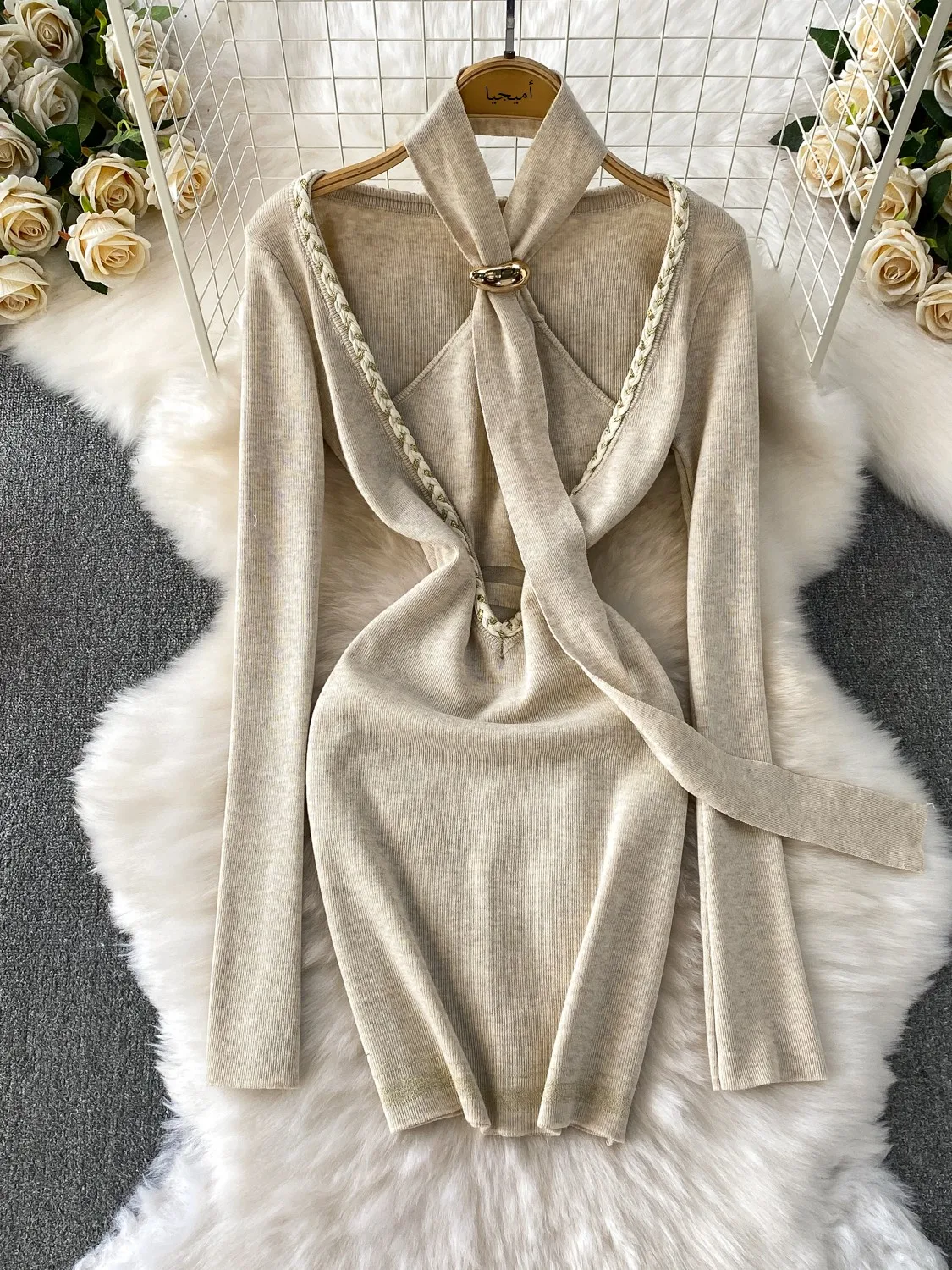 

Sexy Hollow out Weave V-Ne Hanging Ne Dr Women's Autumn Base Ele Wrap around Skirt High Waist Long Sve Dr