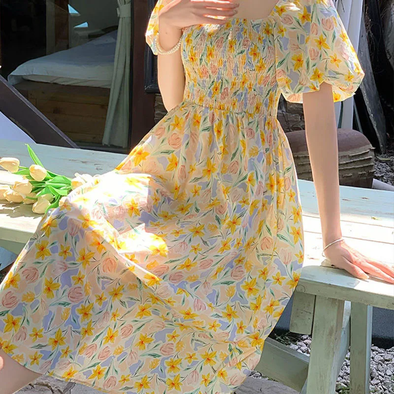 

French Style Casual Fashion Grace Young Style Bubble Sleeves Yellow Flower Dress Summer Large Size Loose Slim Knee Over Dress