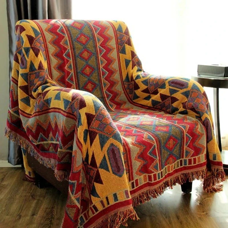 Retro Plaid Winter Cotton Linen Woven Line Blanket Sofa Towel Knit Thickened Warm Pad Mat Bohemian Boho Throw Travel Bedspread