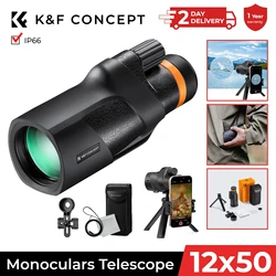 K&F CONCEPT 12X50 Monocular Telescope Waterproof BAK4 Prism Lens HD Monocular for Camping Traveling with Phone Holder Tripod