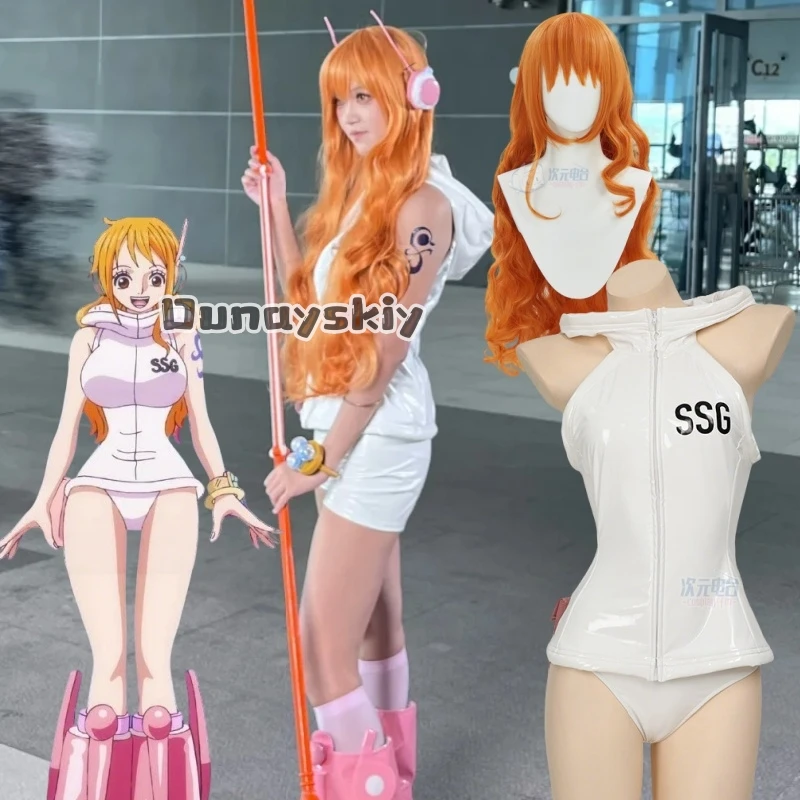 Nami Egghead 106 Rollen-Cosplay-Kostüm für Damen, Leder-Lumpsuit, Zubehör, Schuhüberzüge, Halloween, Karneval, Party, Cuit, Anime