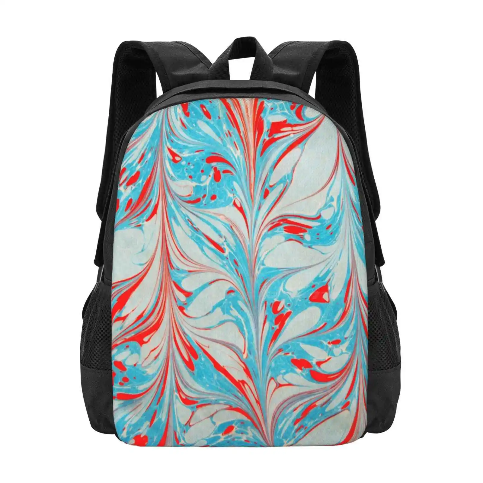 Blue And Red Coloured Marbling Art Piece Large Capacity School Backpack Laptop Bags Marbling Art Pattern Chaos Rhythm