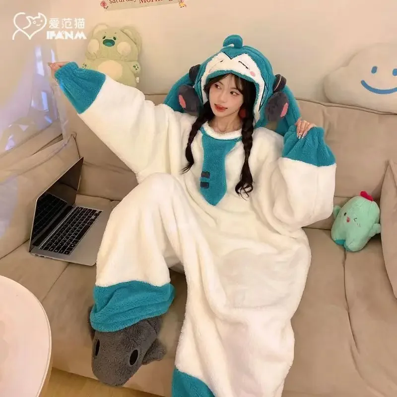 2025 Miku Cartoon Winter Thickened Thermal night-robe Onesie Adults Female Pajamas Bodysuit Homewear Sleepwear Holiday Gifts