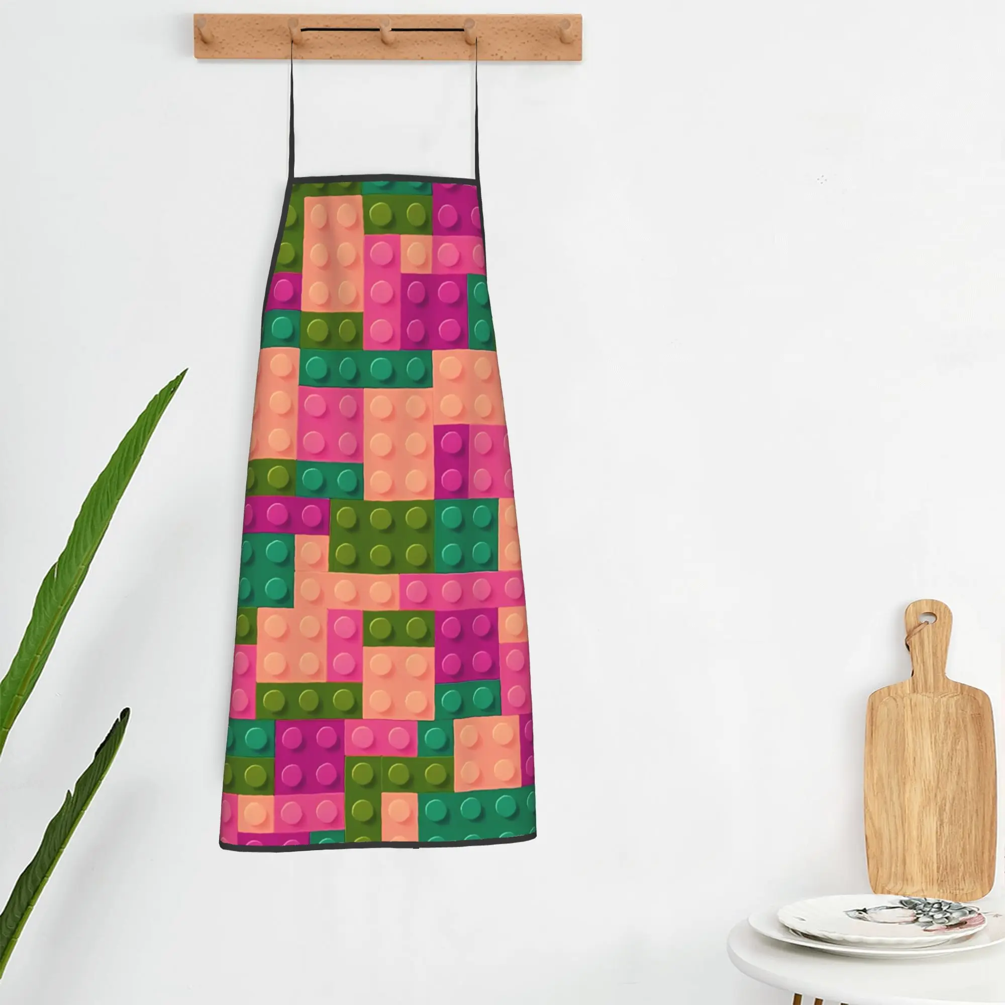 

Pink Green Building Blocks Pattern Apron Adult Restraunt Kitchen Accessories Cooking Fashionable Aprons without Pocket