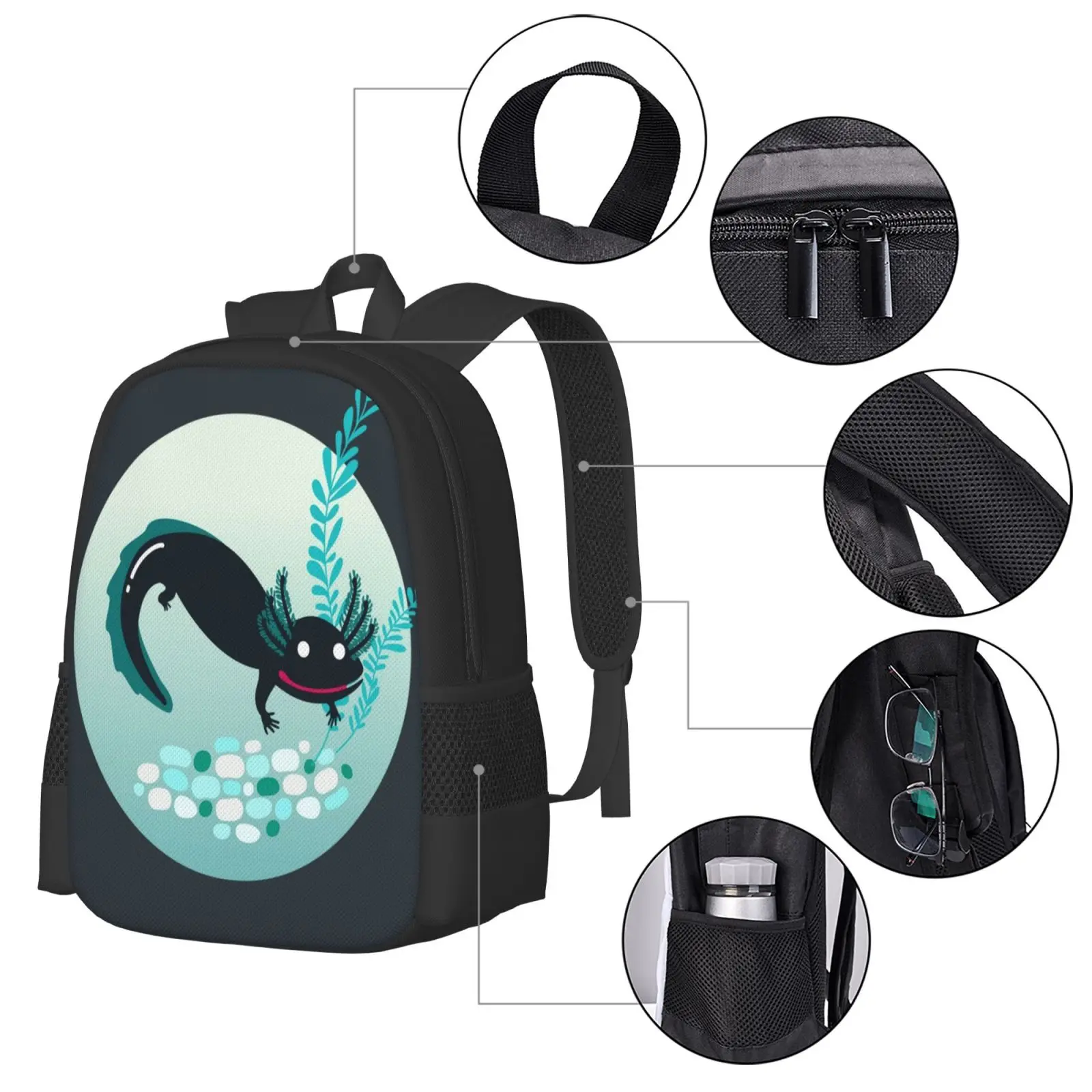 A Lotl Axolotl-mochilas escolares de viaje para ordenador portátil, con diseño de patrón, criaturas acuáticas subacuáticas, de color verde azulado raro