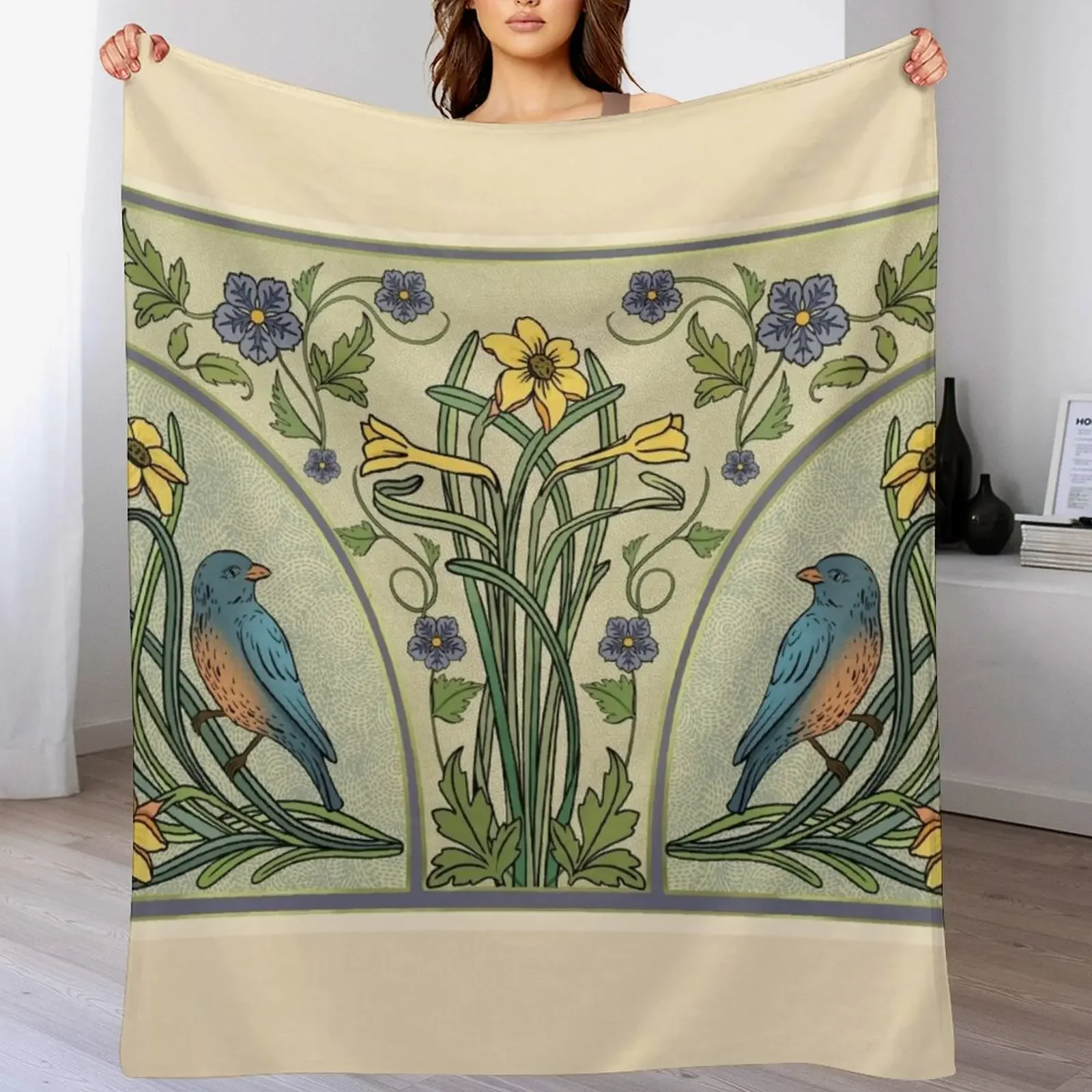 

Bluebirds And Spring Blossoms Inspired By Art Nouveau Throw Blanket For Decorative Sofa Sofa Quilt Bed linens Polar Blankets