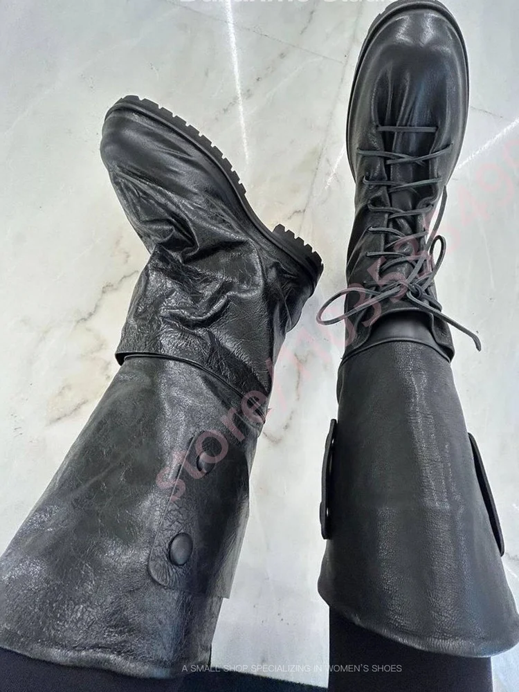 2026 Black Retro Men's Pleated Motorcycle Boots Distressed Style Street Style Mid-Calf Boots Platform Casual Western Boots