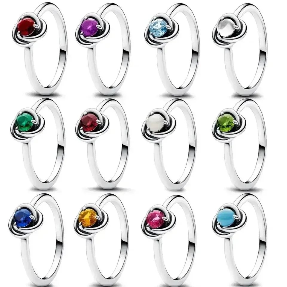 V 100% 925 Sterling Silver Finger Ring 12 Month Birthstone Eternity Circle CZ Rings For Women DIY Fine Jewelry Birthday Gift