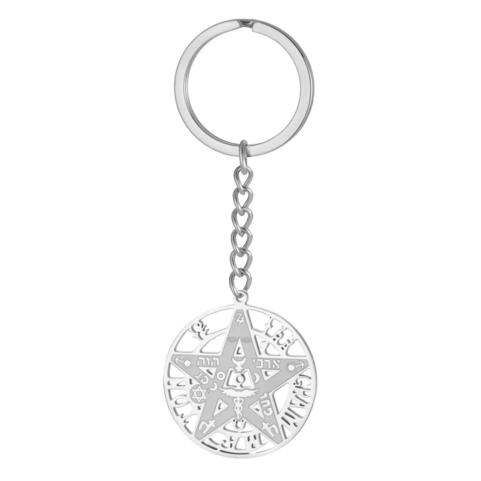 LIKGREAT Witchcraft Pentagram Keychain Stainless Steel Tetragrammaton Keyring Wiccan Solomon Amulet Jewelry Gift