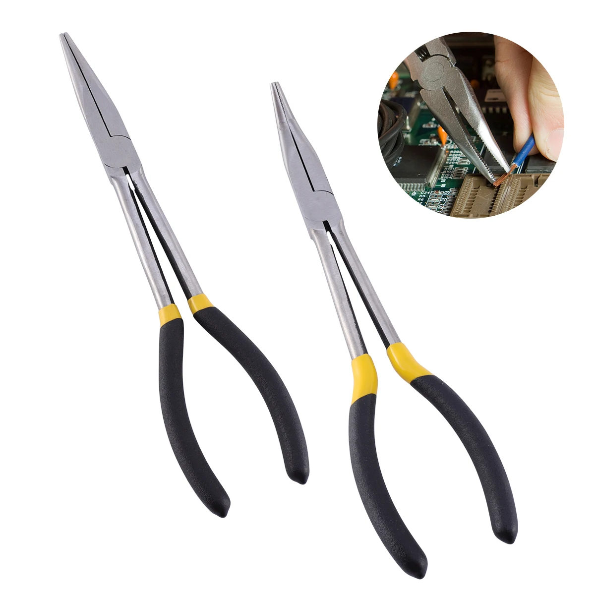 

2pcs Extended Elbow Pliers Needle Nose Wire Cutters Long Chrome Vanadium Steel Durable Construction Machined Jaws Car Repair