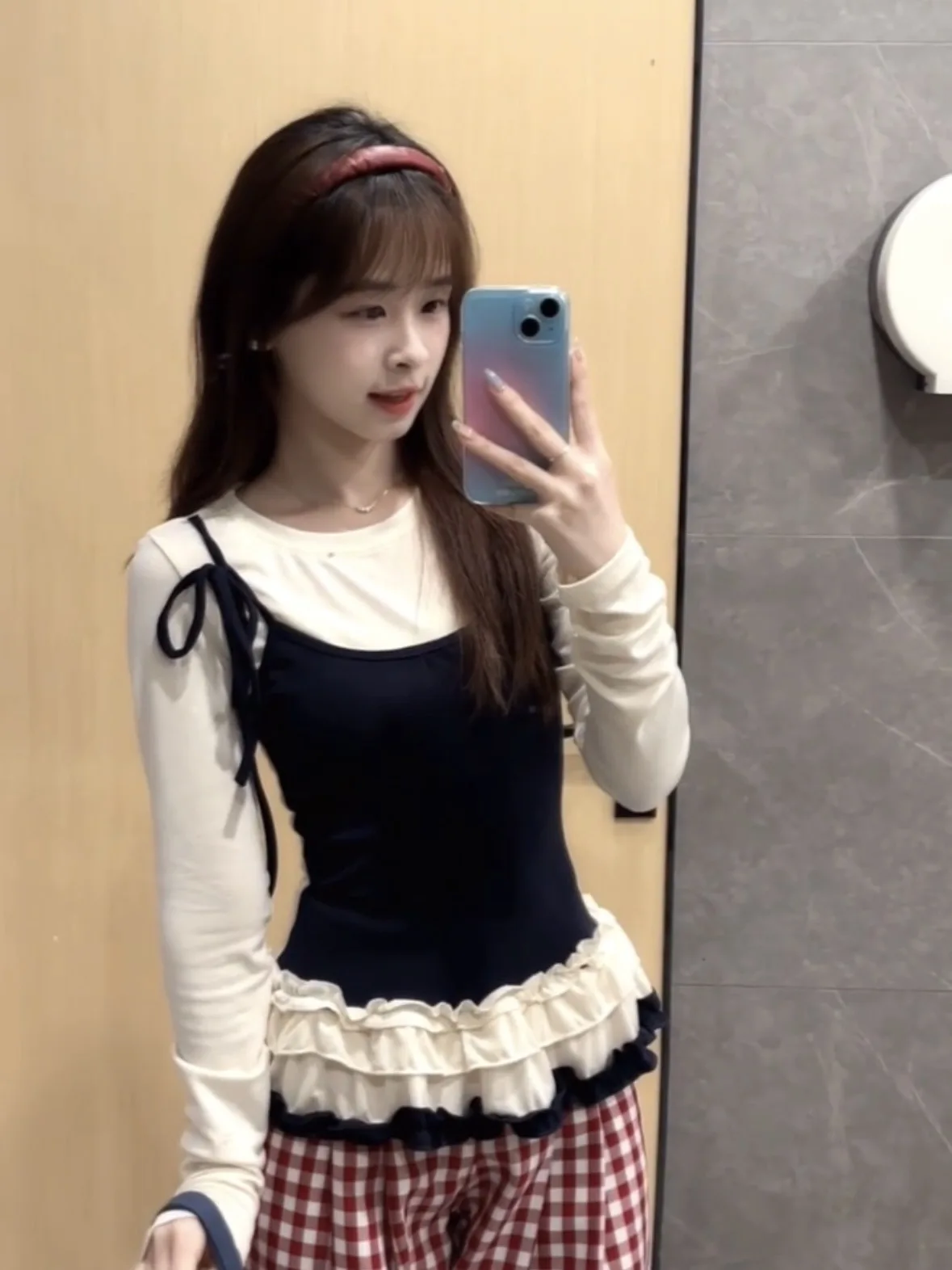 발레 소녀 스타일 페이크 투피스 베스트 티셔츠 여성용 가을 겨울 부드러운 색상 블라우스 한국 스타일 슬림핏