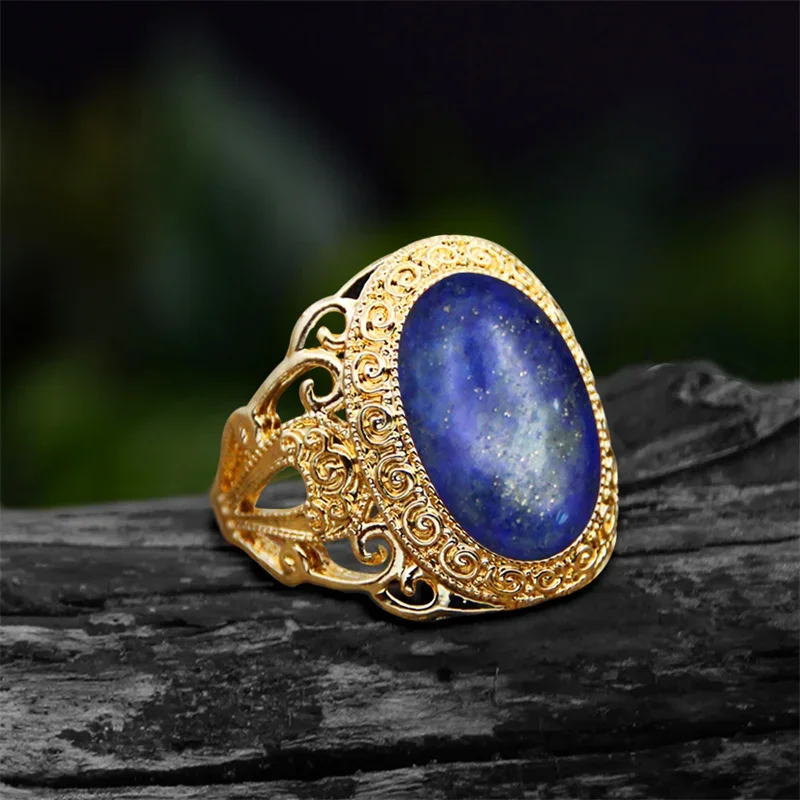 Fashion Oval Natural Quartz Jades Rings For Women Gold Color Flower Natural Stone Fashion Women Ring