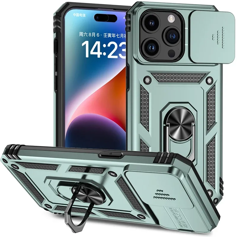 Slide Camera Protect Phone Case For iPhone 11 12 13 mini 14 15 Pro Max iPhone6 s 6 6s 7 8 Plus Ring Holder Kickstand Armor Cover