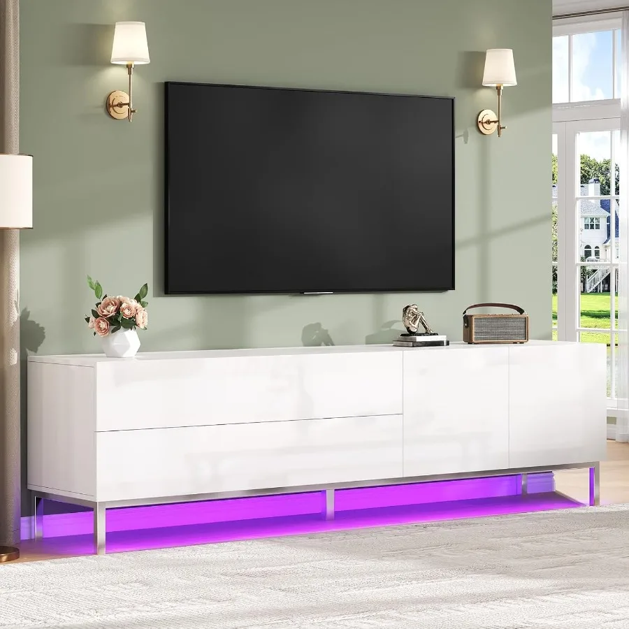 

70in LED TV Stand for TVs up to 80 Modern High Gloss Entertainment Center with Storage Drawer and Cabinet TV Console Table with