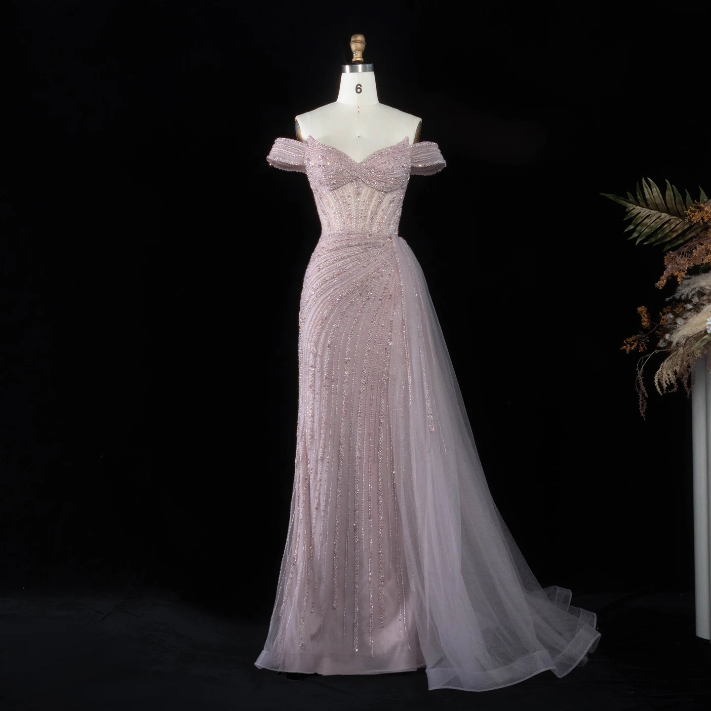 Sharon Said Luxuriöses Rosa Abendkleid, Schulterfrei, Herzausschnitt, Kristallperlen, Meerjungfrauen-Schnitt, Seitlicher Tüll, Formelle Partykleider SS005 Maßanfertigung – Detail 5