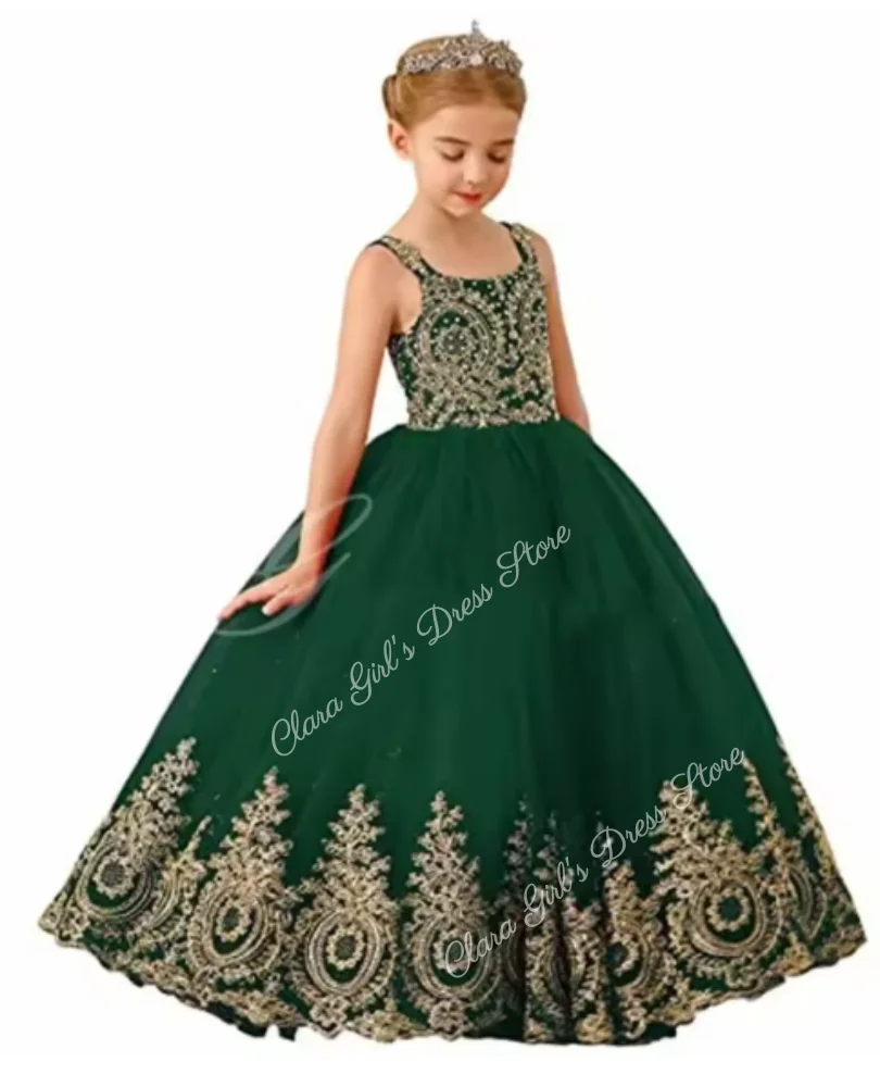 Precioso vestido de niña de flores rojo sin mangas de tul esponjoso apliques dorados para vestidos de boda vestido de banquete de graduación de cumpleaños para niños