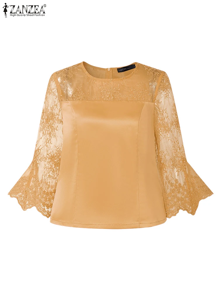 ZANZEA Blusas elegantes de satén brillante para Mujer, retales de tul bordado, cuello redondo, mangas acampanadas 3/4, Blusas para Mujer con clase, Tops sólidos