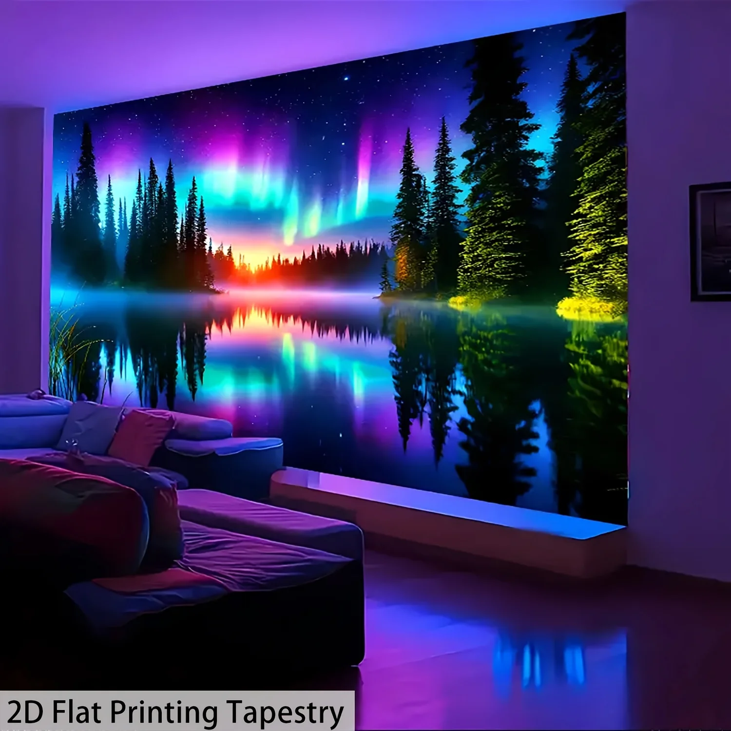 

Aurora Borealis Tapestry, Northern Lights Forest Lake Wall Hanging, Colorful Night Sky Landscape Decor for Bedroom Living Room