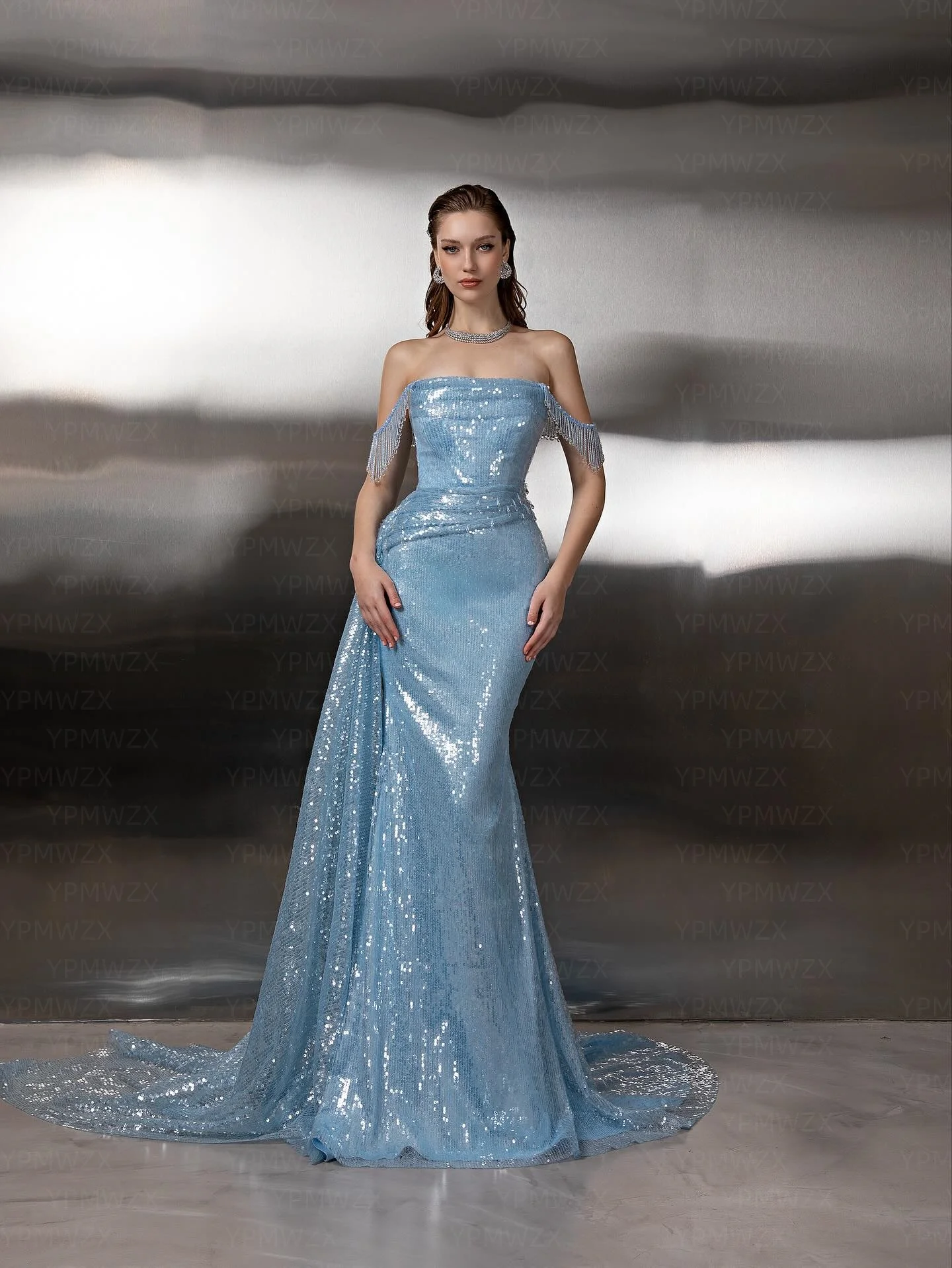 

Customized Evening Dress Ypmwzx Off-the-shoulder Mermaid Floor length Sequin Tassel Prom Gown