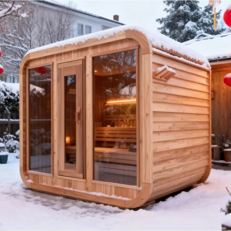 

Customized 4-6 Person Outdoor Solid Cedar Wood Cube Sauna Room Traditional Steam Sauna with Transom Windows Design
