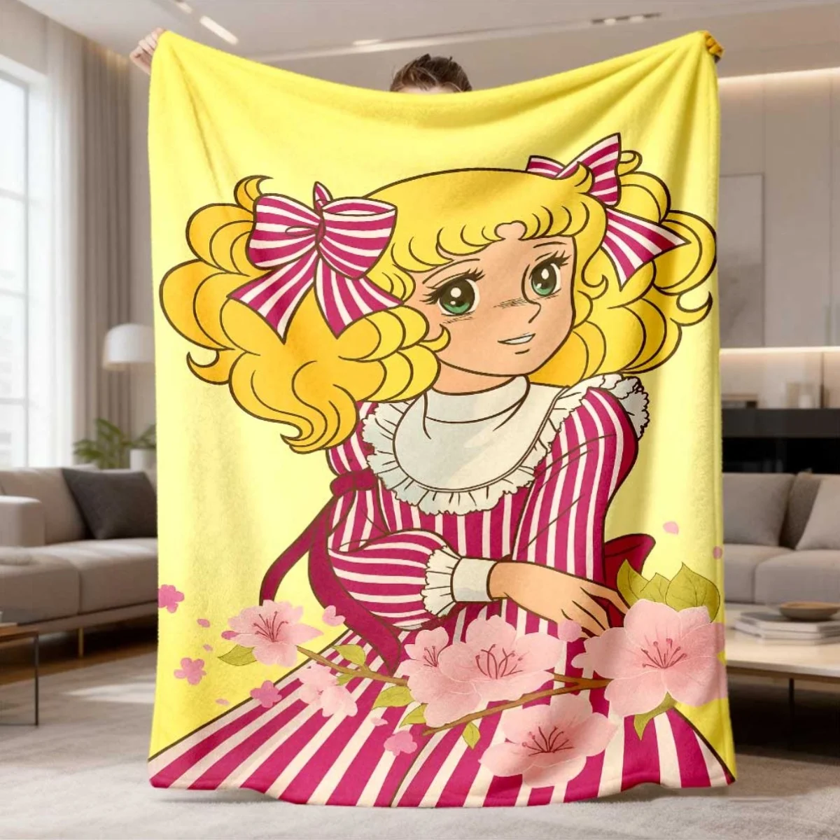 2026 Latest Flannel Blanket | Vintage Candy-Themed, Soft & Warm Digital Print with Retro Cartoon Character, Pink Bows & Flowers