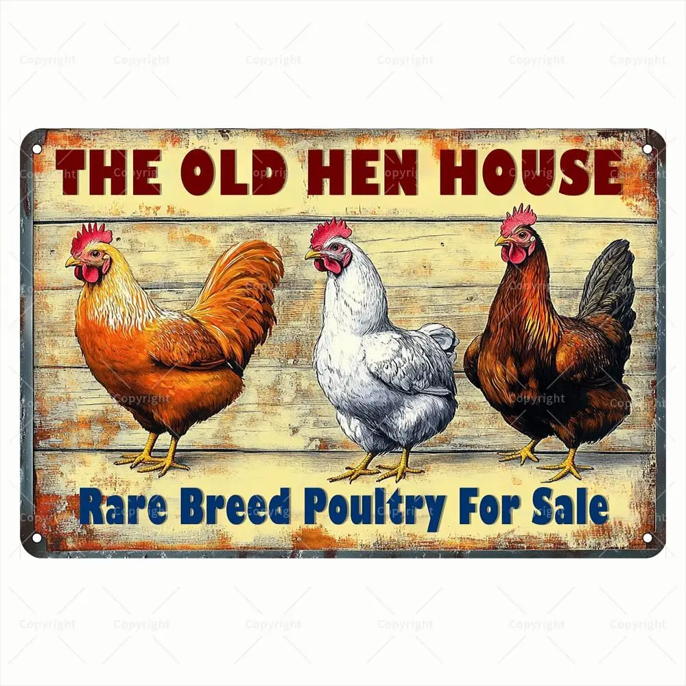 Vintage Tin Sign - The Old Hen House Rare Breed Poultry for Sale Trio Rooster Design Retro Metal Sign - Inspirational Tin Sign f