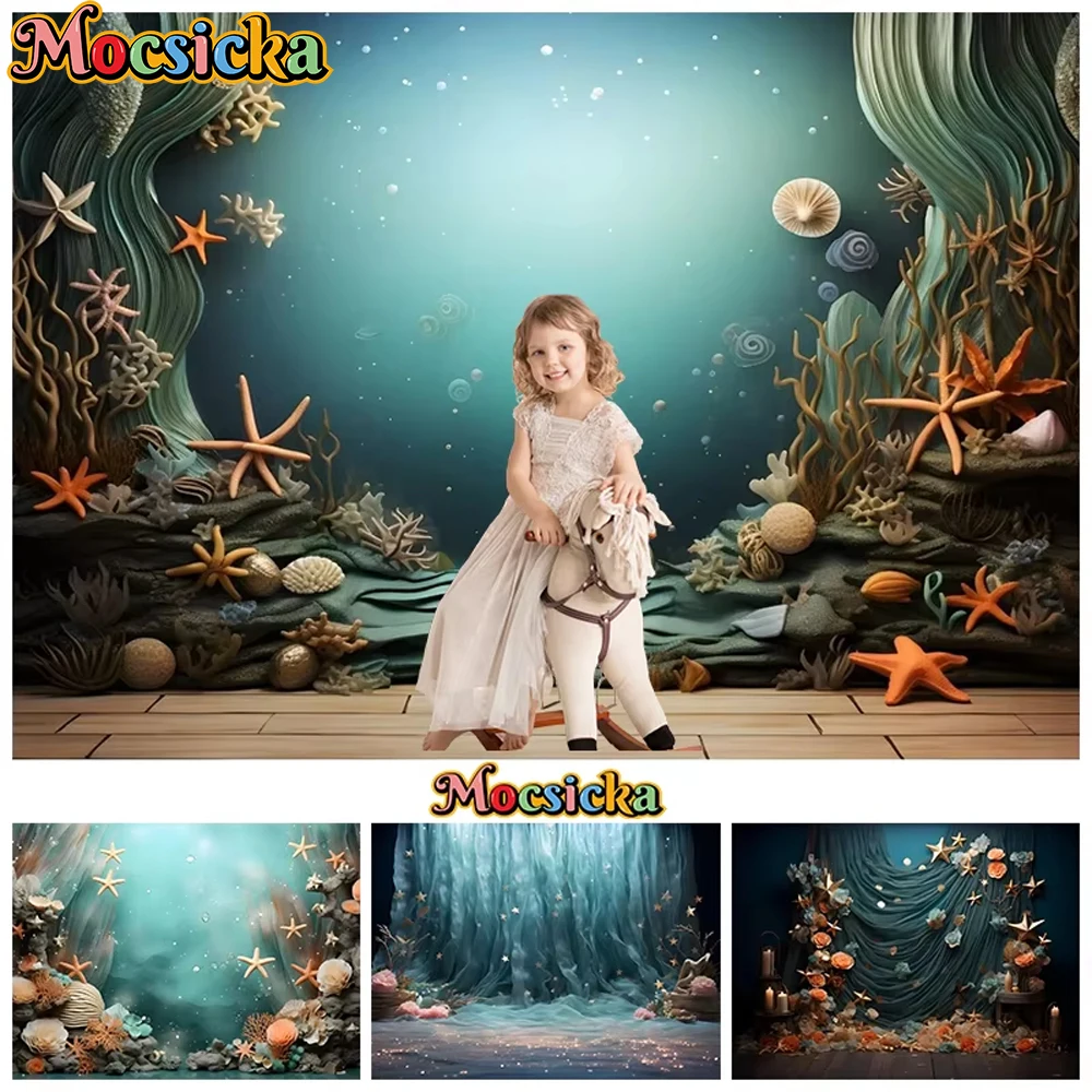 

Mocsicka Birthday Backdrop Underwater World Starfish Sea Party Decorations Child Baby Shower Background Photography Props Banner