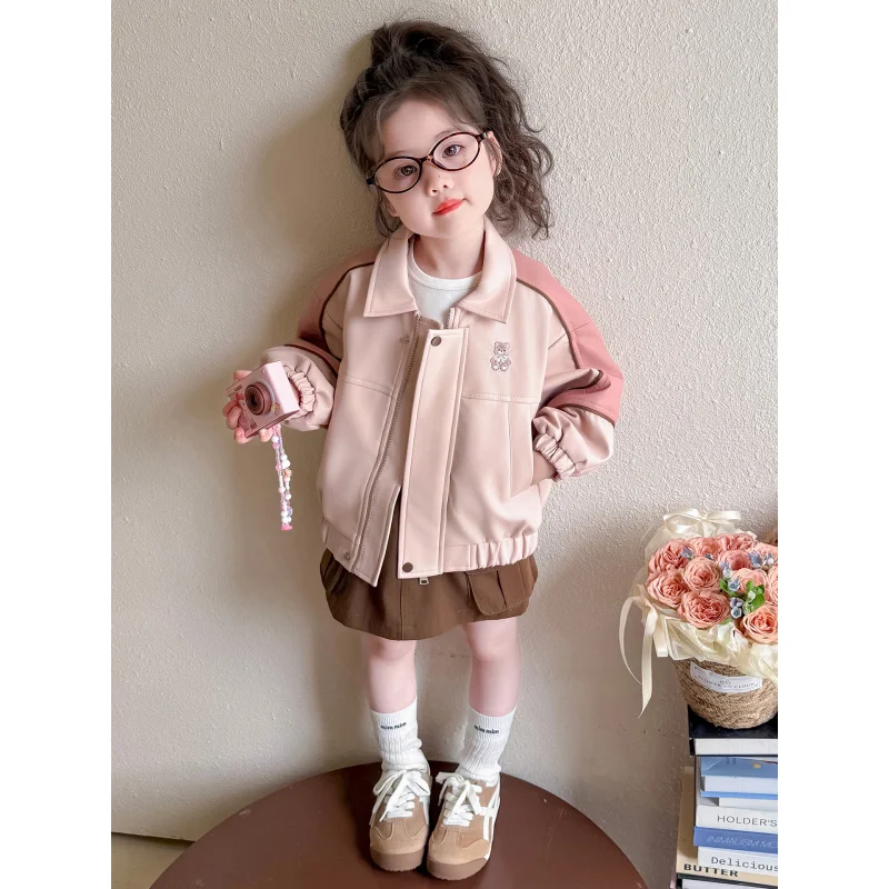 

Girls' Leather Jacket Spring and Autumn Outfit2025New Fashionable Children's Clothing Autumn Casual Jacket for Babies