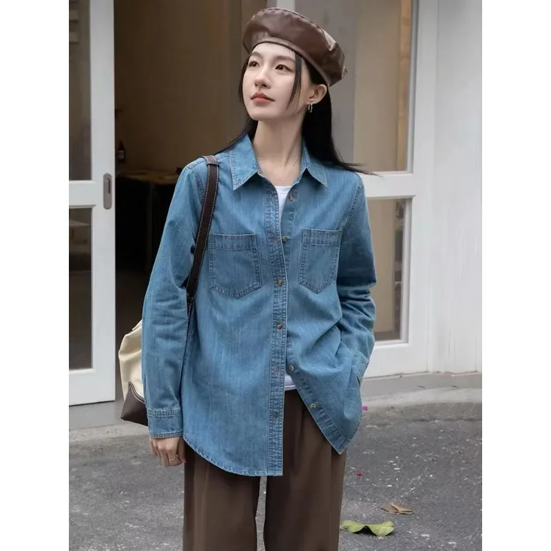 

Women's Light Blue Oversized Denim Button-Down Shirt with Chest Pockets Casual Loose Blouse